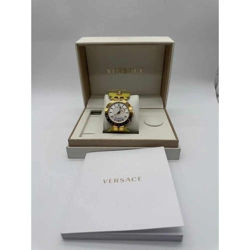 Versace‎ GMT & Alarm Gold Tone Watch Lime Green Leather Strap Medusa Swiss Made